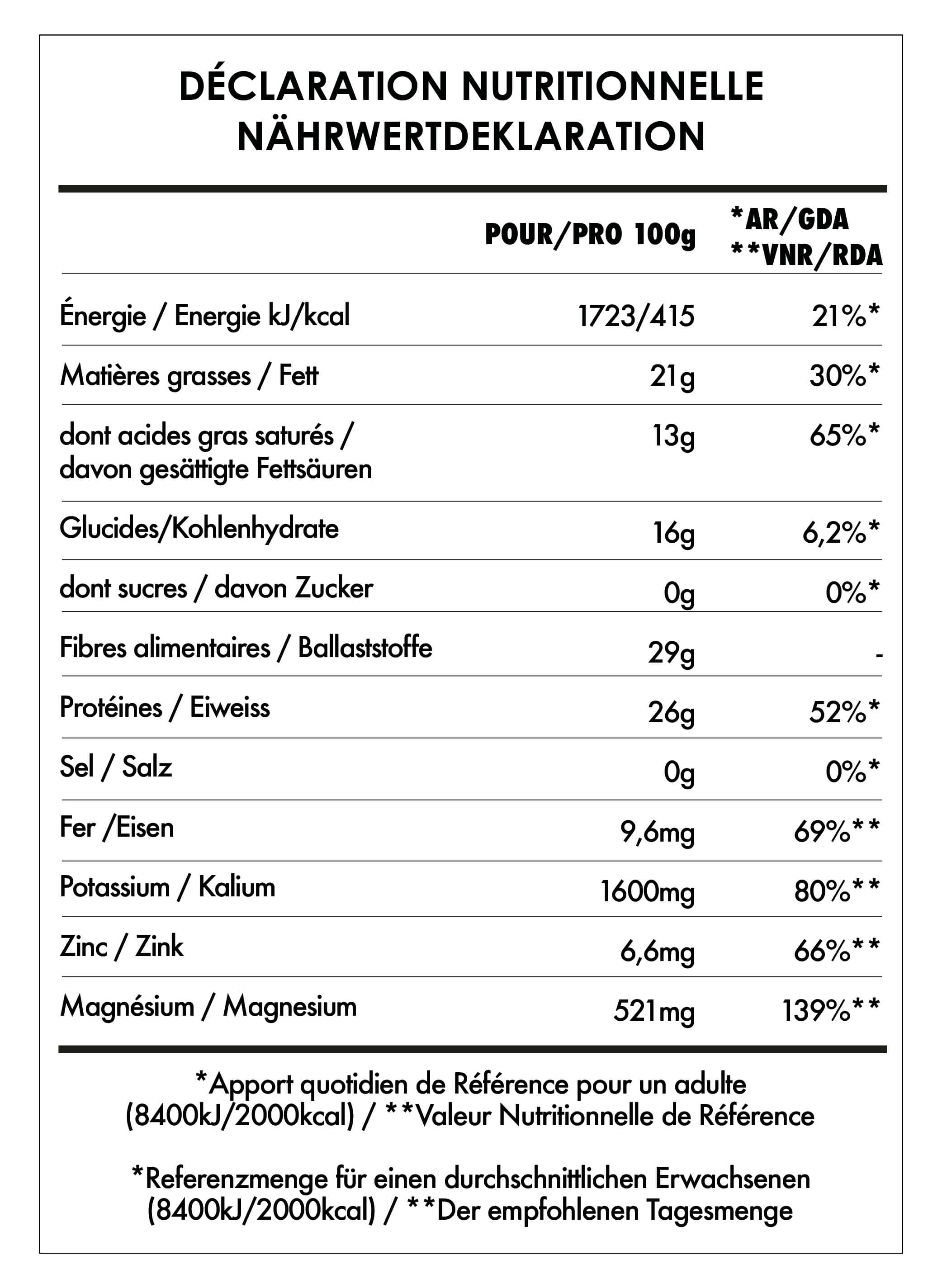 Tabela Nutricional - Cacao en Poudre Fairtrade